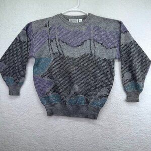 Method Sweater Adult‎ Large Gray Black Vintage 80s Acrylic Knit Abstract Mens